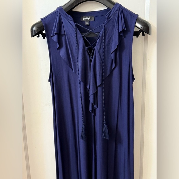LORD & TAYLOR DARK BLUE SLEEVELESS DRESS RUFFLES OFF NECKLINE - Picture 2 of 15